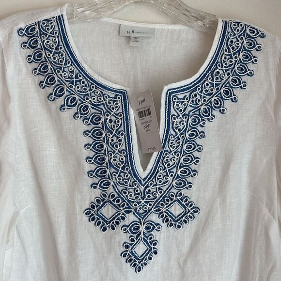 J. Jill love linen women 100% linen Embroidered White and Blue Women's Top tunic - Picture 3 of 11